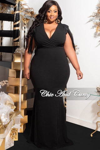 Final Sale Plus Size Fringe Shoulder Gown in Black