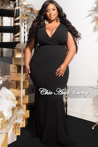 Final Sale Plus Size Fringe Shoulder Gown in Black