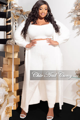 Final Sale Plus Size 3pc Fuzzy (Duster, Sleeveless Crop Top & Pants) Set in Ivory