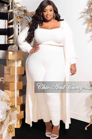 Final Sale Plus Size 3pc Fuzzy (Duster, Sleeveless Crop Top & Pants) Set in Ivory