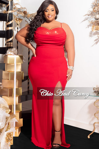 Final Sale Plus Size Draped Sequin Gown with Slit in Red