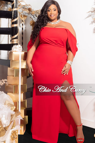 Final Sale Plus Size off the Shoulder Ruched Gown with Slit in Red