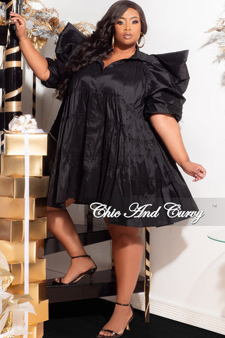 Final Sale Plus Size Puffy Sleeve 3-Tiered Button Up Collar Baby Doll Dress in Black