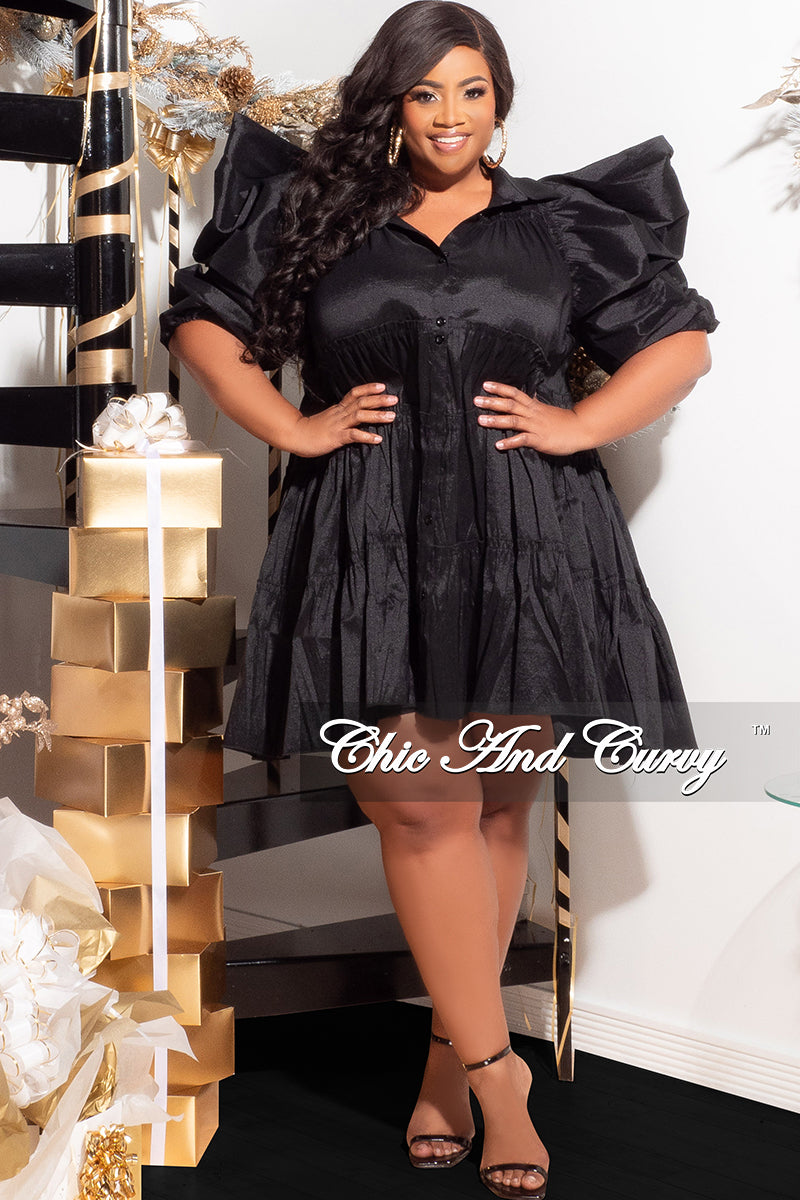 Final Sale Plus Size Puffy Sleeve 3-Tiered Button Up Collar Baby Doll Dress in Black