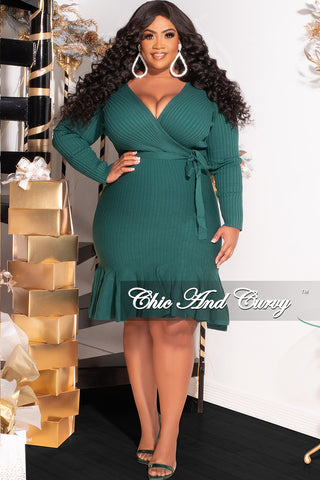 Final Sale Plus Size Faux Wrap Ribbed BodyCon Dress with Waist Tie and Bottom Ruffle in Green
