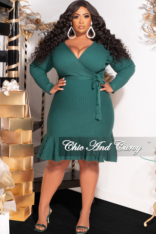 Final Sale Plus Size Faux Wrap Ribbed BodyCon Dress with Waist Tie and Bottom Ruffle in Green