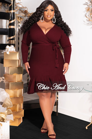 Final Sale Plus Size Faux Wrap Ribbed BodyCon Dress with Waist Tie and Bottom Ruffle in Burgundy