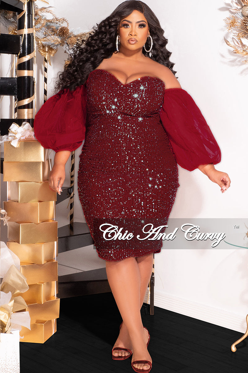 Final Sale Plus Size Mesh Sequin Tube Midi Dress with Mesh Sleeves in Burgundy