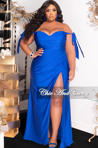 Final Sale Plus Size Off the Shoulder Tie Gown Dress in Royal Blue