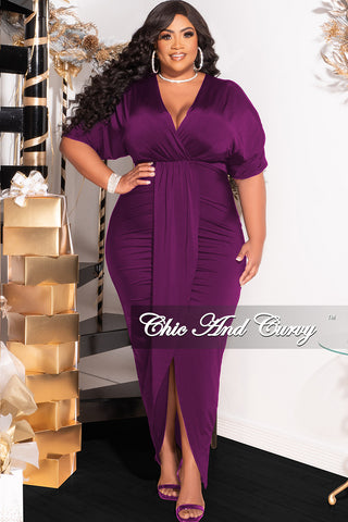 Final Sale Plus Size Short Sleeve Wrap Over BodyCon Dress with Ruched Sides in Purple