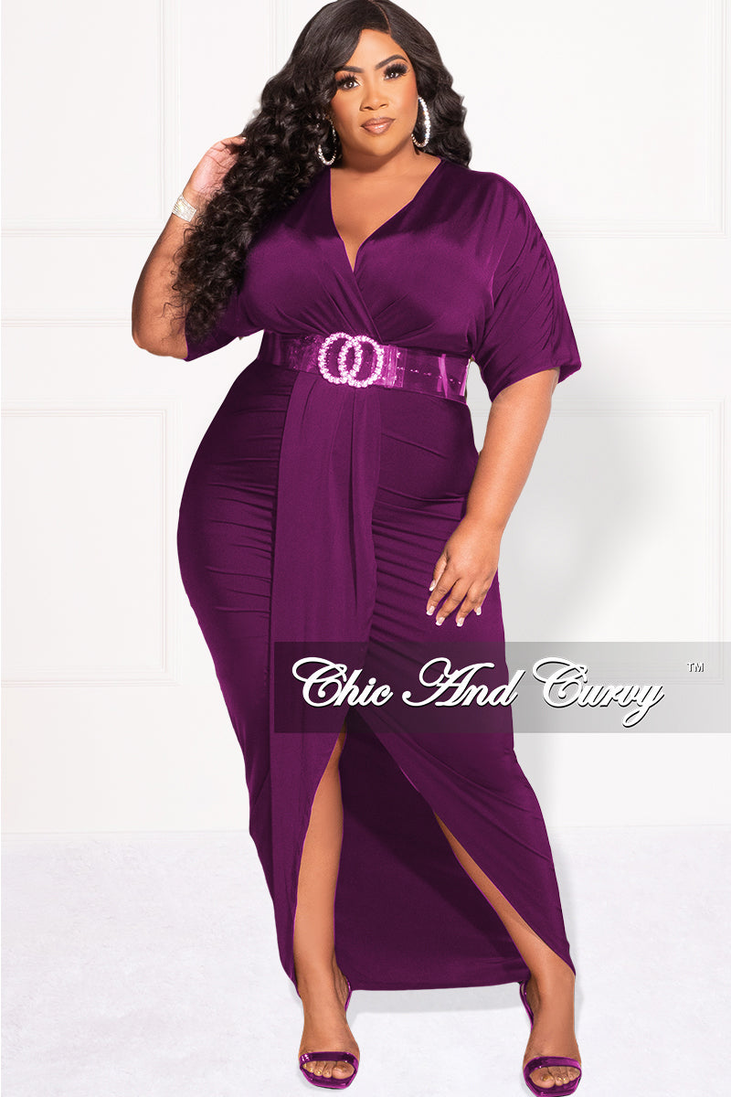 Final Sale Plus Size Short Sleeve Wrap Over BodyCon Dress with Ruched Sides in Purple