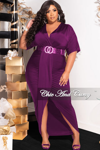 Final Sale Plus Size Short Sleeve Wrap Over BodyCon Dress with Ruched Sides in Purple