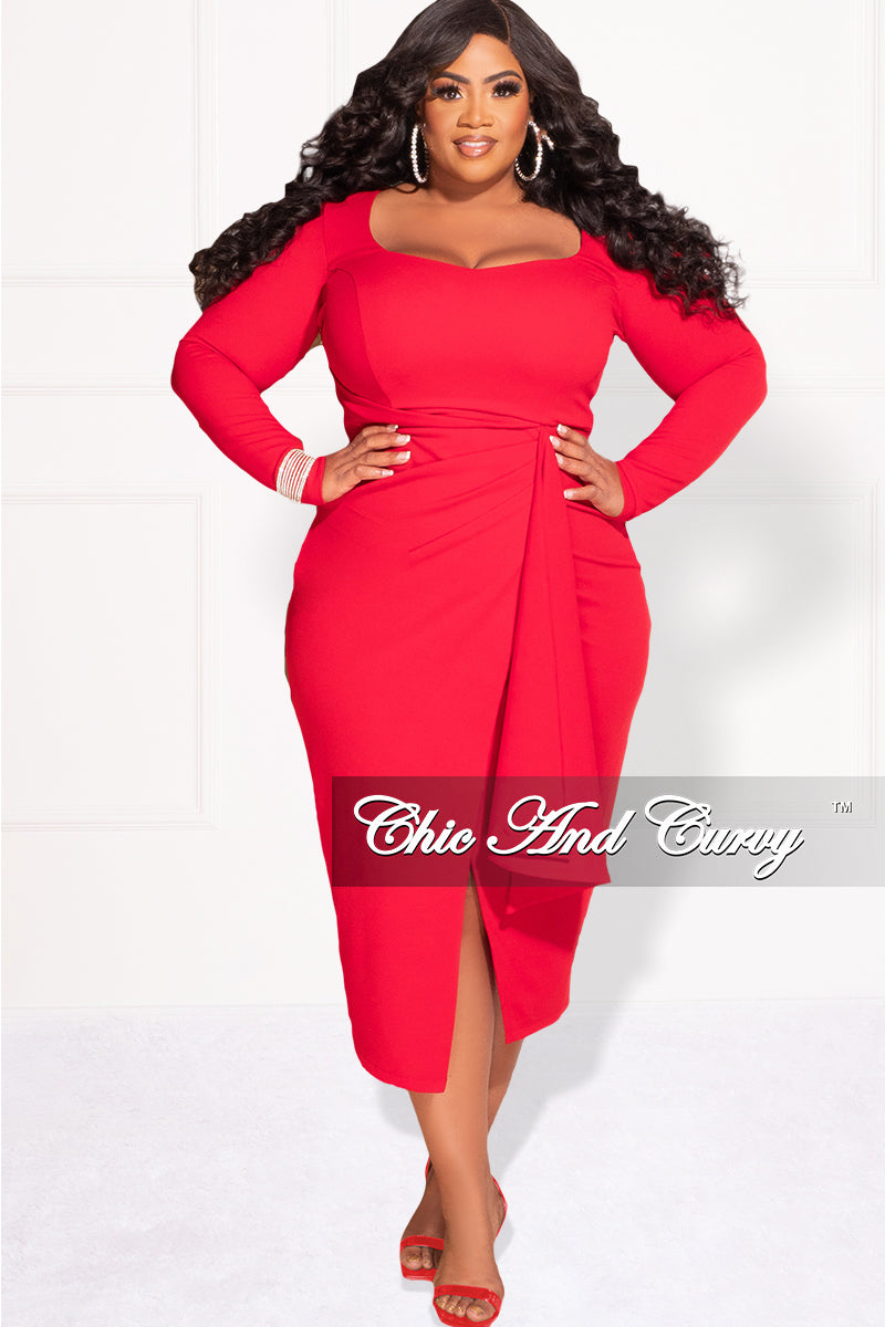 Available Online Only - Final Sale Plus Size BodyCon Dress with Wrap Skirt in Red