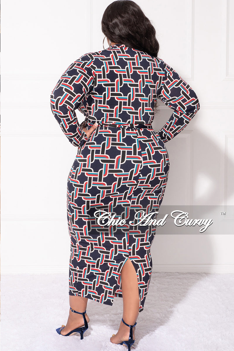 Final Sale Plus Size Collar Faux Wrap Midi BodyCon Dress in Navy Multi Color Design Print