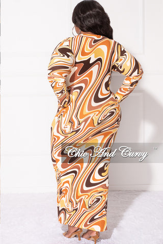 Final Sale Plus Size Reversible BodyCon Midi Dress in Mustard Multi Color Swirl Print