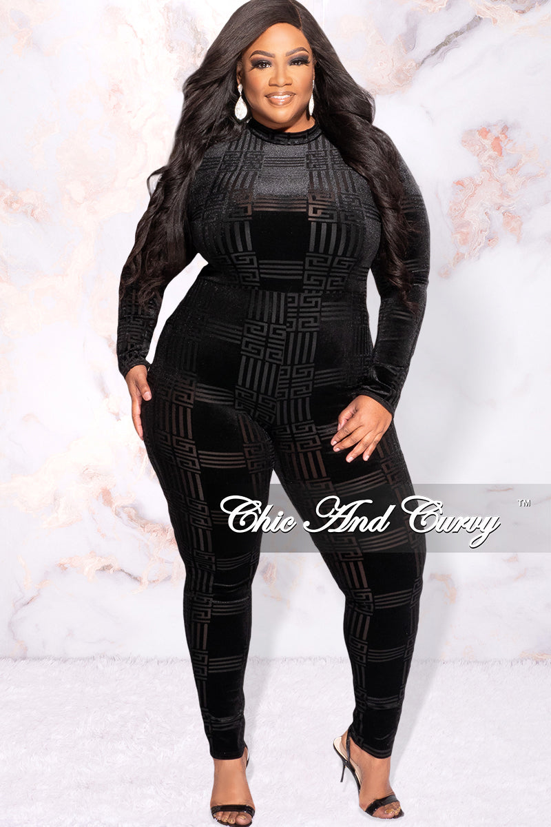 Available Online Only - Final Sale Plus Size Mesh and Velvet Jumpsuit in Black Maze Print