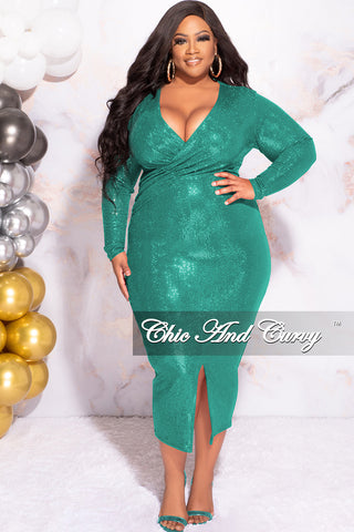 Available Online Only - Final Sale Plus Size Faux Sequin Faux Wrap Bodycon  Dress with Front Slit in Green