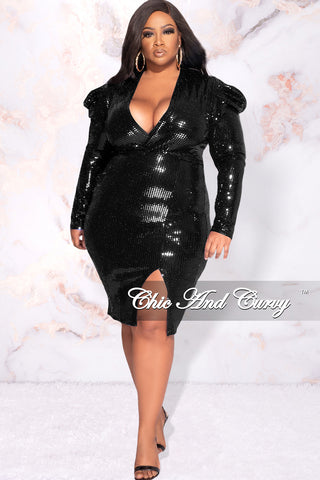Available Online Only - Final Sale Plus Size Faux Sequin Faux Wrap Bodycon  Dress with Slide Slit in Black