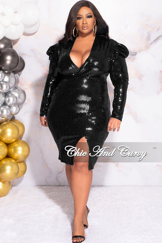 Available Online Only - Final Sale Plus Size Faux Sequin Faux Wrap Bodycon  Dress with Slide Slit in Black