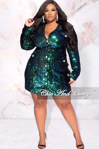 Final Sale Plus Size Sequin Blazer Dress with Rhinestone Buttons in Mermaid