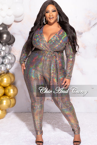 Available Online Only - Final Sale Plus Size Faux Wrap Sequin Jumpsuit with Tie in Gold Hologram