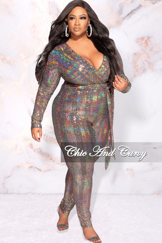 Available Online Only - Final Sale Plus Size Faux Wrap Sequin Jumpsuit with Tie in Gold Hologram