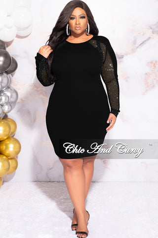 Final Sale Plus Size Rhinestone Sheer Sleeve BodyCon Dress in Black