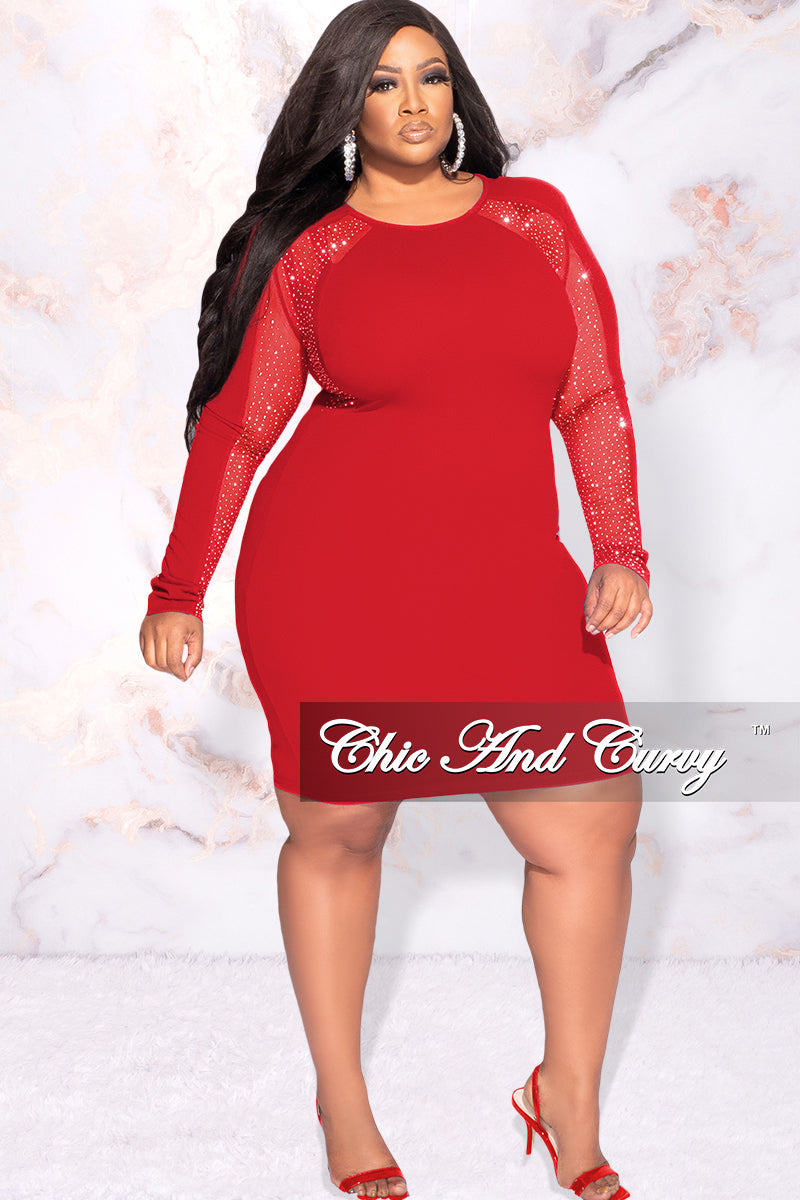 Final Sale Plus Size Rhinestone Sheer Sleeve BodyCon Dress in Red