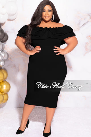 Available Online Only - Final Sale Plus Size Off the Shoulder Ruffle BodyCon Dress in Black