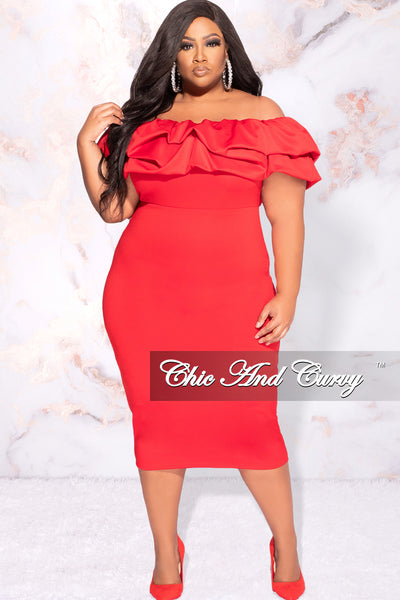 OFF SHOULDER RUFFLE TRIM BODYCON DRESS (RED) – Dress Code Chic Official