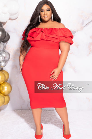 Final Sale Plus Size Off the Shoulder Ruffle BodyCon Dress in Red