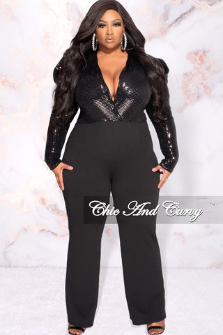 Available Online Only - Final Sale Plus Size Faux Sequin Jumpsuit in Black