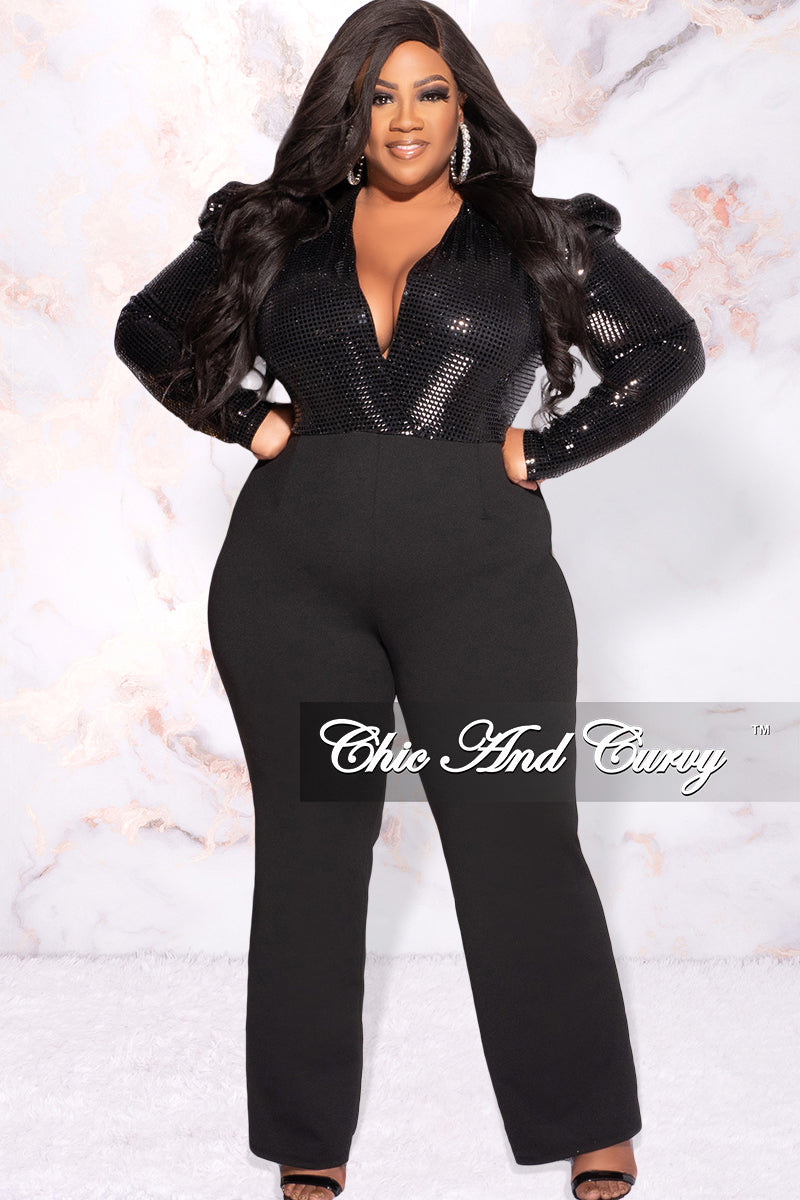 Available Online Only - Final Sale Plus Size Faux Sequin Jumpsuit in Black