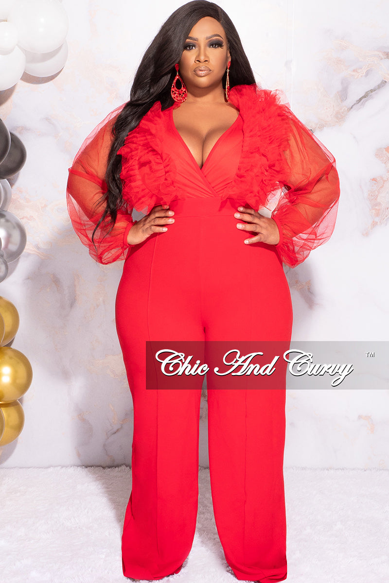 Available Online Only - Final Sale Plus Size Faux Wrap Tulle Jumpsuit in Red