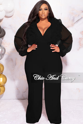 Available Online Only - Final Sale Plus Size Faux Wrap Tulle Jumpsuit in Black
