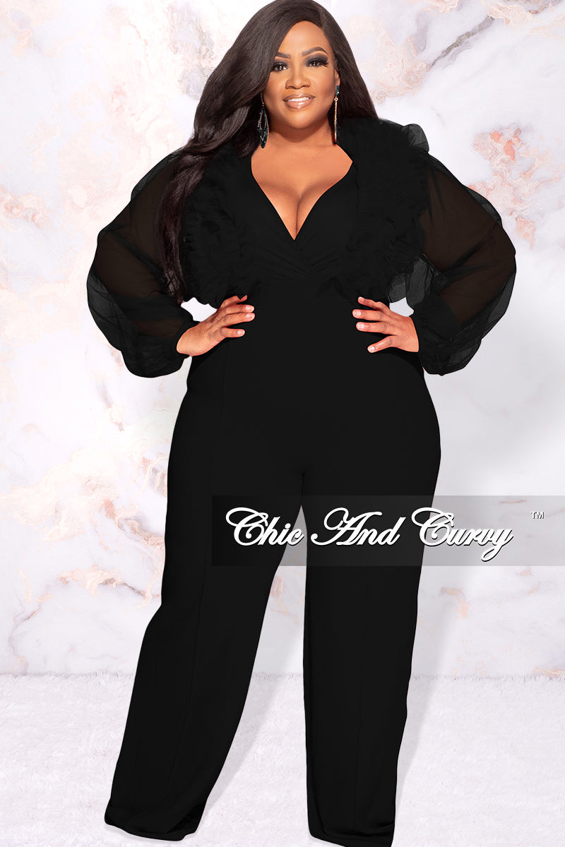 Available Online Only - Final Sale Plus Size Faux Wrap Tulle Jumpsuit in Black