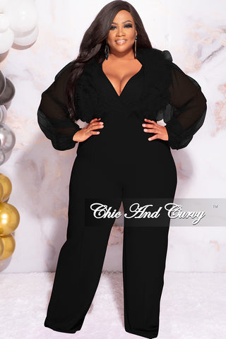 Available Online Only - Final Sale Plus Size Faux Wrap Tulle Jumpsuit in Black