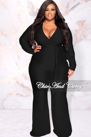 Available Online Only - Final Sale Plus Size Faux Wrap Ruched Sleeve Shiny Jumpsuit in Black