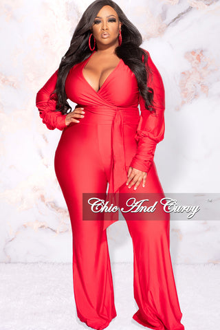 Available Online Only - Final Sale Plus Size Faux Wrap Ruched Sleeve Shiny Jumpsuit in Red