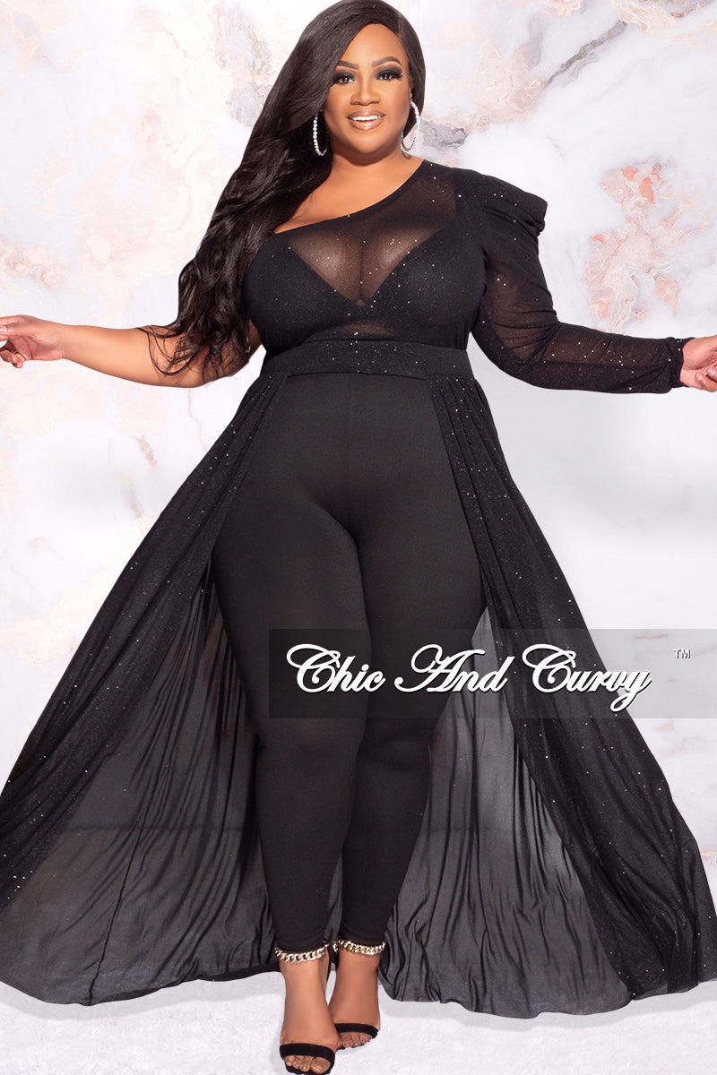 Final Sale Plus Size One Shoulder Mesh Top with Train in Black Glitter Fabric
