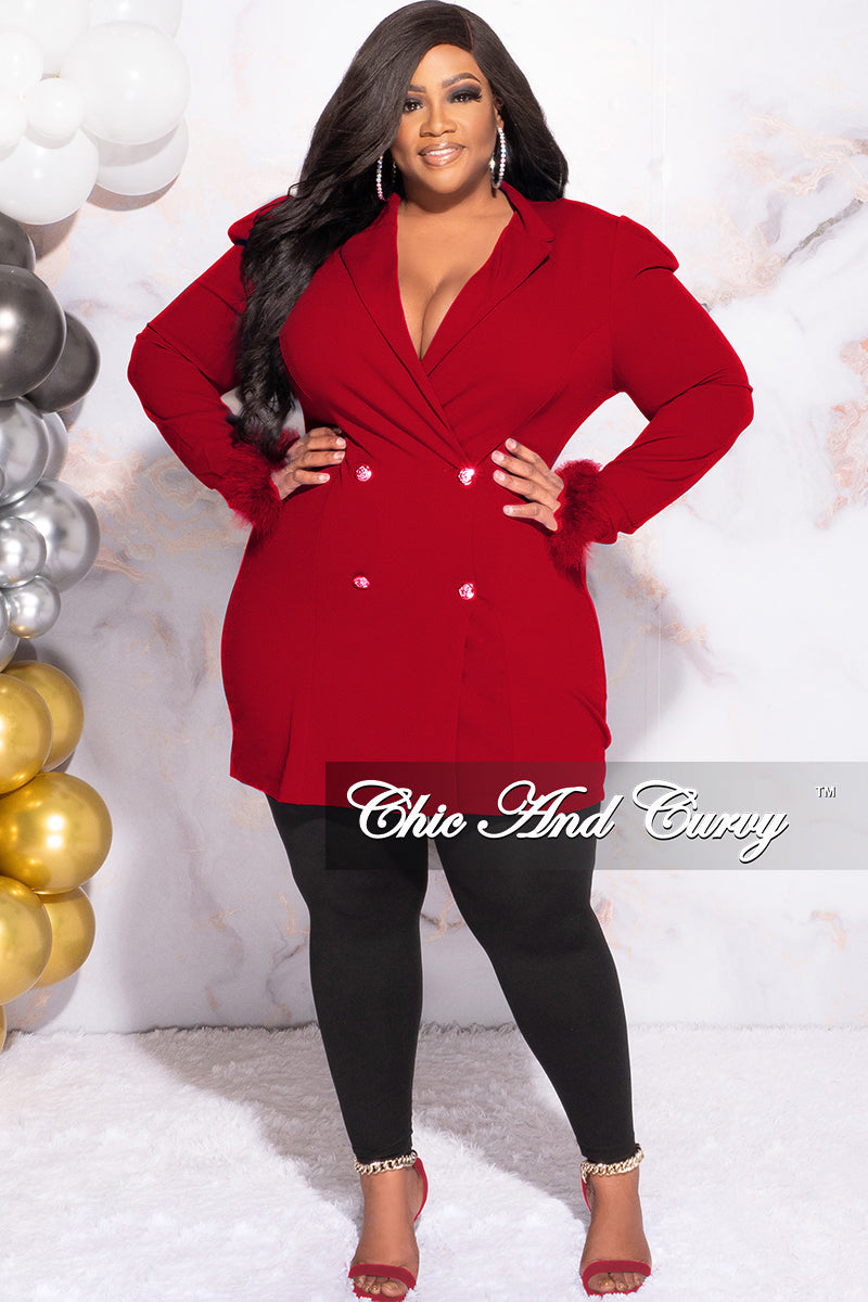 Available Online Only - Final Sale Plus Size Button Blazer Dress with Feather Cuffs in Red