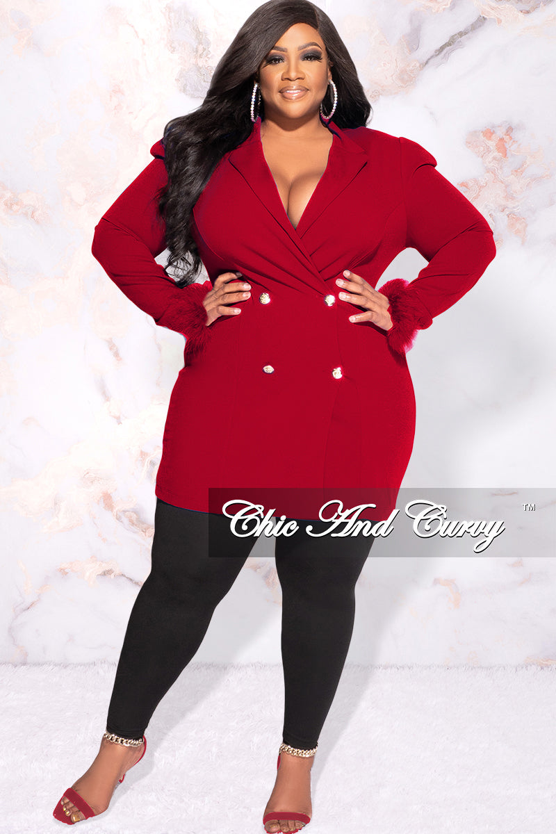 Available Online Only - Final Sale Plus Size Button Blazer Dress with Feather Cuffs in Red