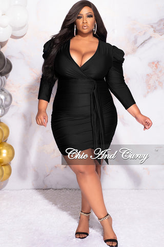 Available Online Only - Final Sale Plus Size Faux Wrap Puffy Sleeve BodyCon Dress in Black