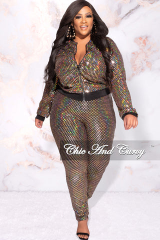 Available Online Only - Final Sale Plus Size 2pc Sequin Zip-Up Top and Pants Set in Gold Hologram