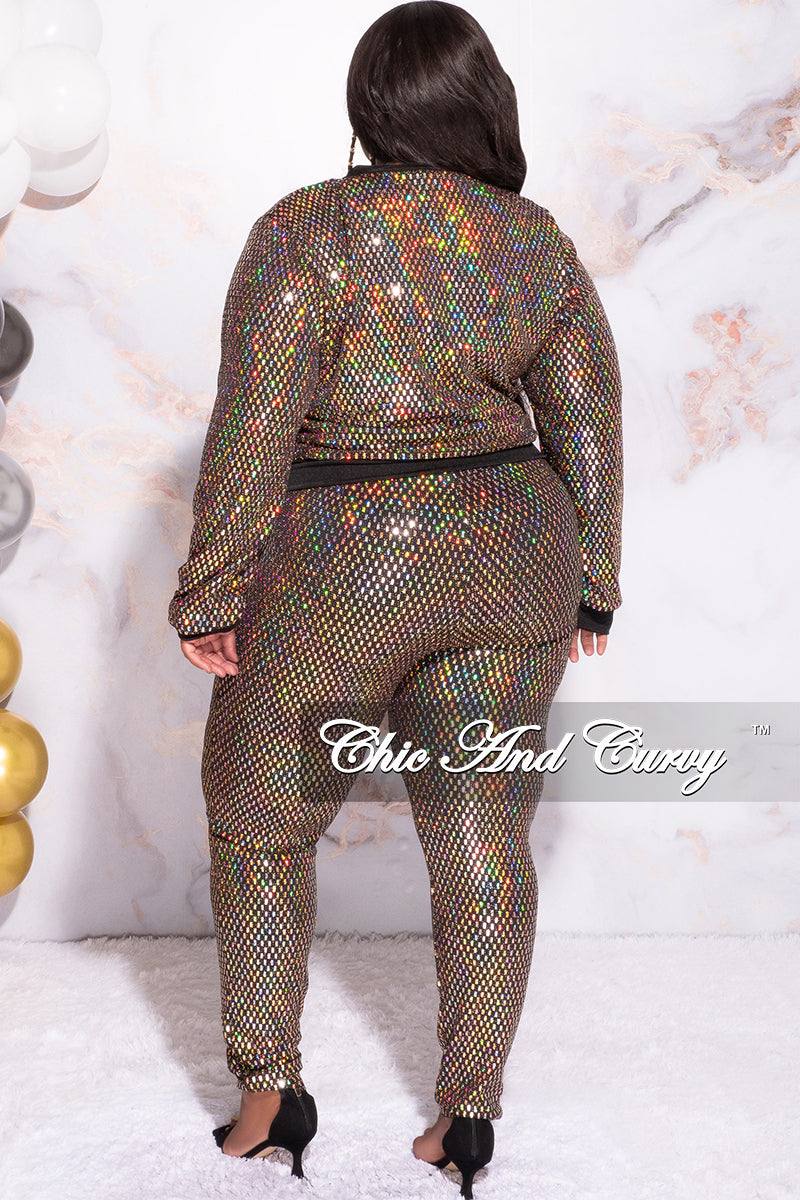 Available Online Only - Final Sale Plus Size 2pc Sequin Zip-Up Top and Pants Set in Gold Hologram