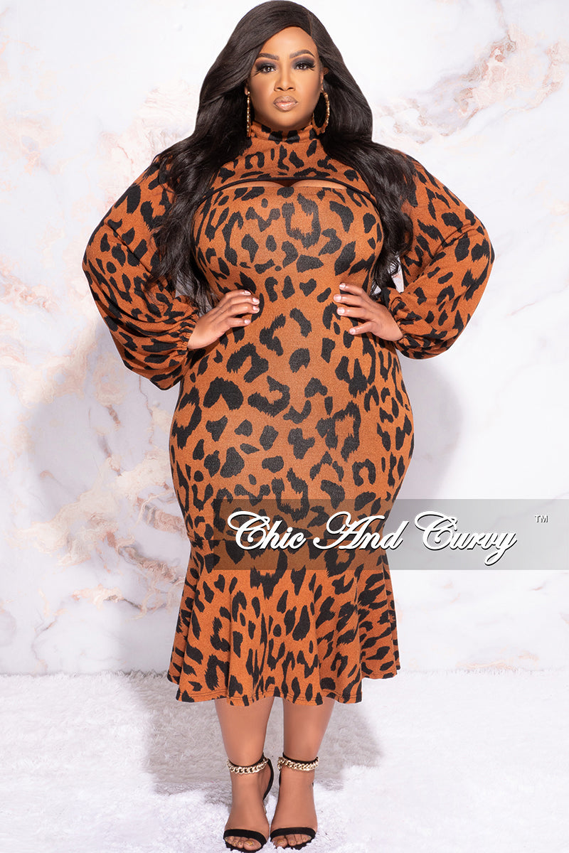 Final Sale Plus Size 2pc Strapless Midi BodyCon Dress with Ruffle Bottom and Pull Over Top in Animal Print