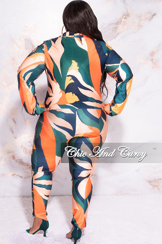 Final Sale Plus Size 2pc Button Up Collar Top and Pants Set in Orange Multi Color Design Print