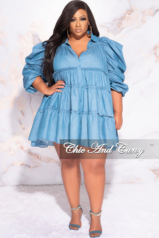 Final Sale Plus Size Puffy Ruched Sleeve 3-Tiered Button Up Collar Baby Doll Dress in Light Blue Chambray