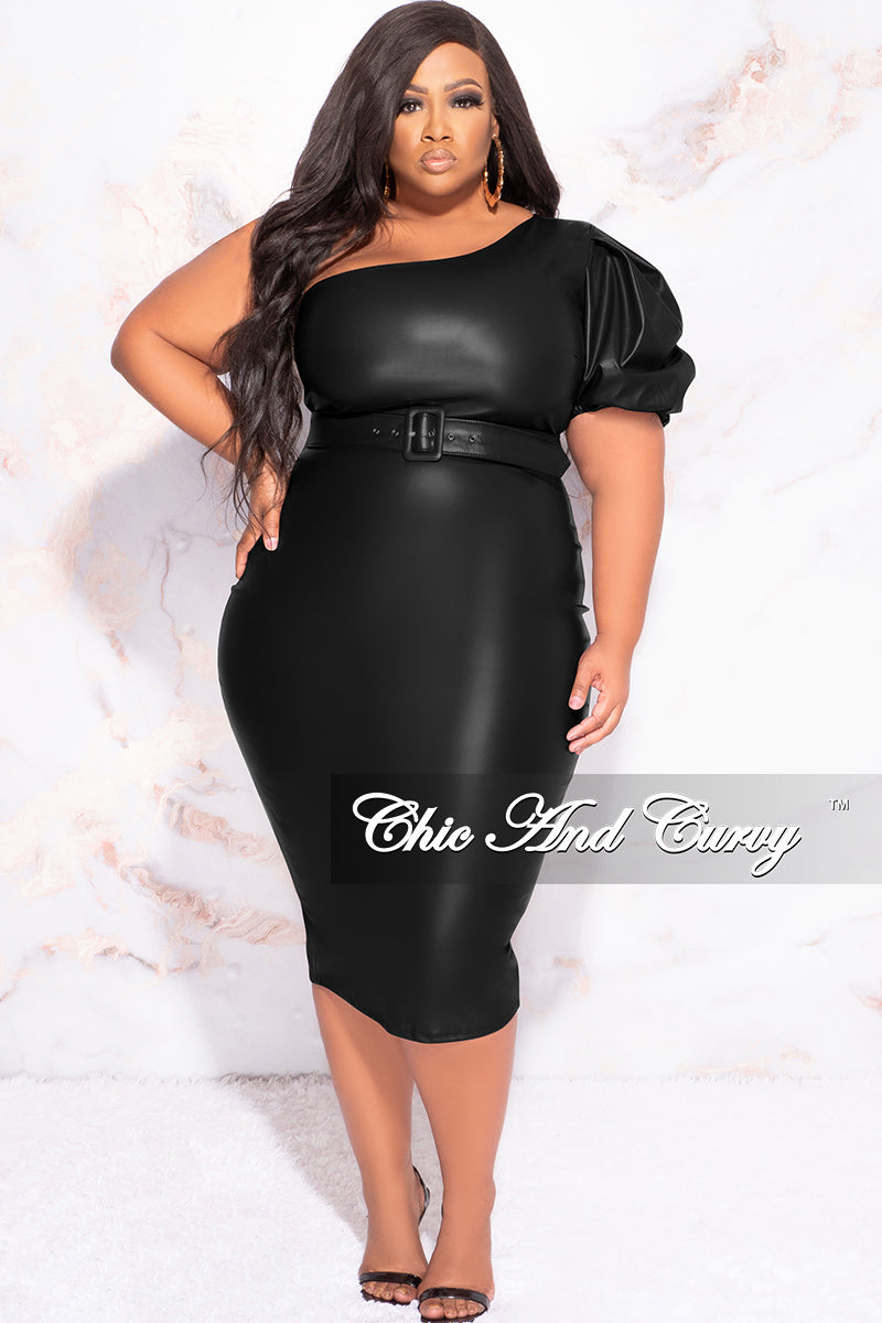 Final Sale Plus Size One Shoulder Faux Leather BodyCon Dress with Belt in Black