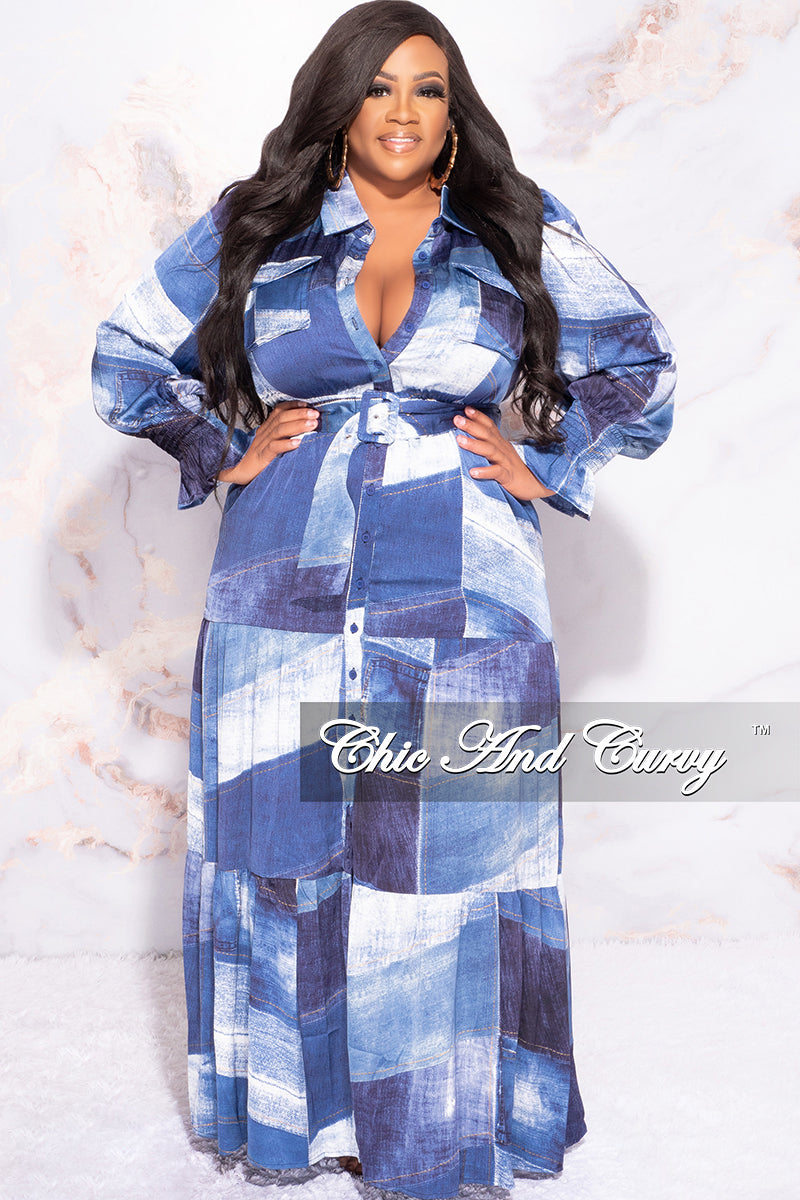 Final Sale Plus Size Satin Collar Button Up Maxi Dress with Attached Belt in Denim Patchwork